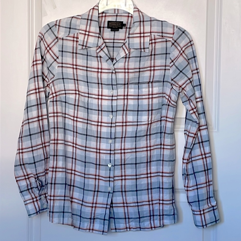 Pendleton Plaid Linen Blend Button Down Shirt Small Coastal